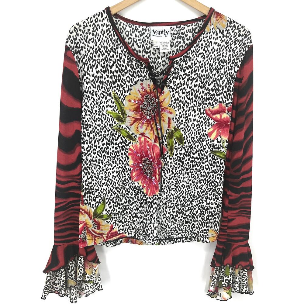 Vanity Y2K Mob Wife Sequined Animal Print Tiered Sleeve Top Size L